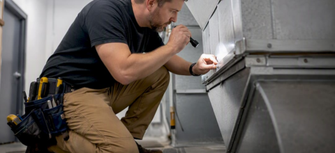 Technician inspecting multi-family building ductwork