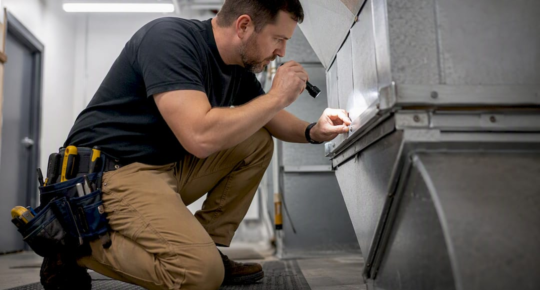 Technician inspecting multi-family building ductwork