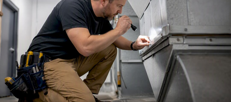 Technician inspecting multi-family building ductwork