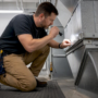 Technician inspecting multi-family building ductwork
