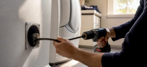 Hands cleaning dryer vent with flexible rod indoors