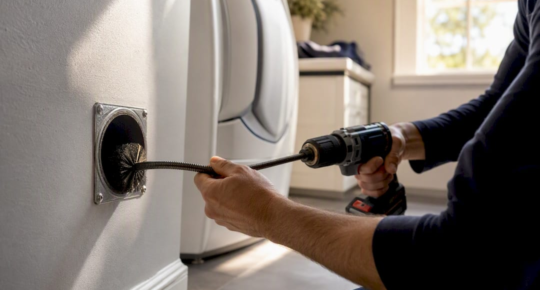 Hands cleaning dryer vent with flexible rod indoors