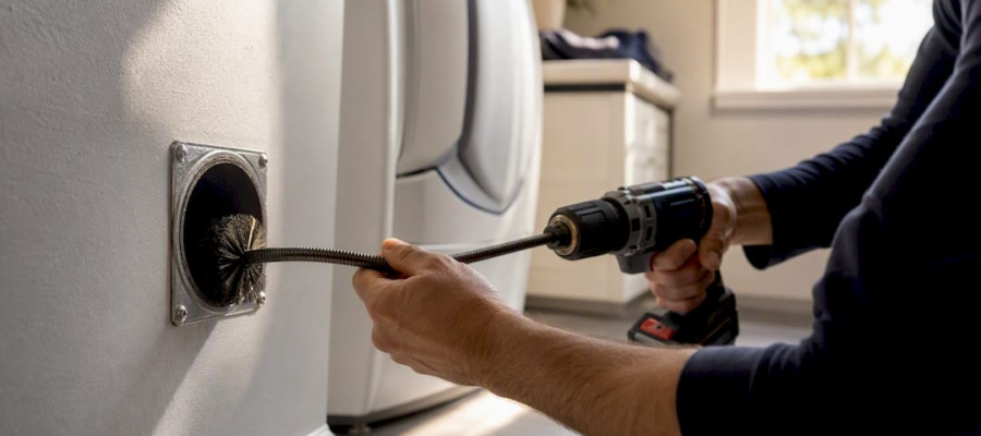 Hands cleaning dryer vent with flexible rod indoors