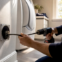 Hands cleaning dryer vent with flexible rod indoors