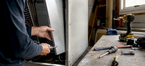Technician removing air handler panel