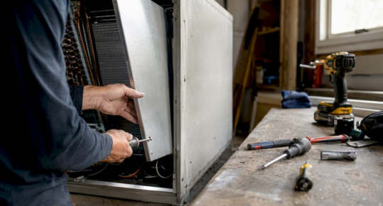 Technician removing air handler panel