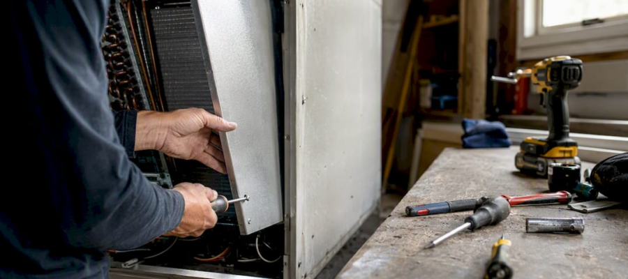 Technician removing air handler panel