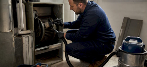 Hands brushing blower wheel blades in utility room