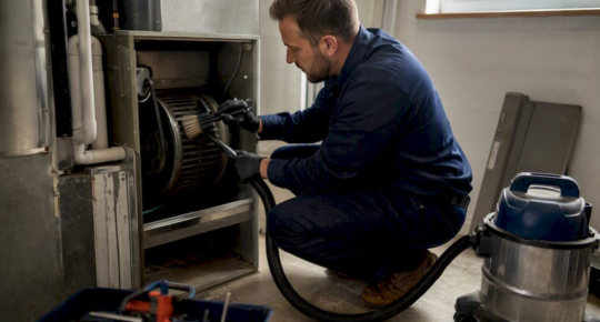 Hands brushing blower wheel blades in utility room