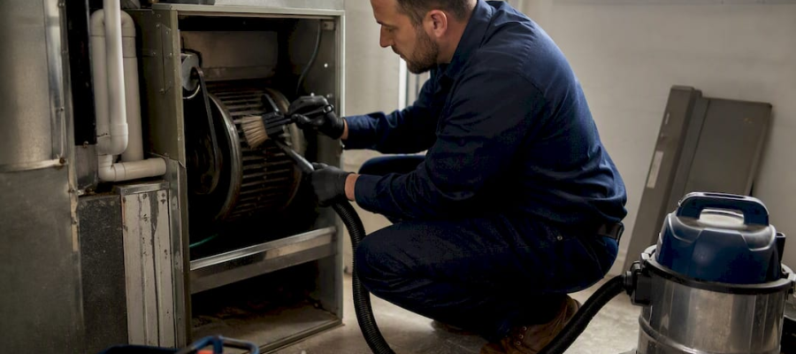 Hands brushing blower wheel blades in utility room