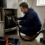 Hands brushing blower wheel blades in utility room