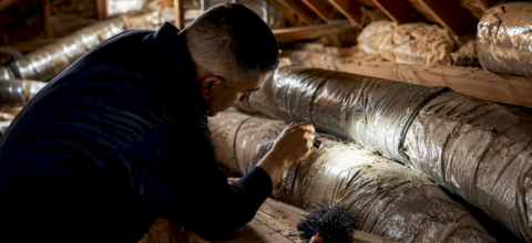 Technician inspecting air ducts in home basement