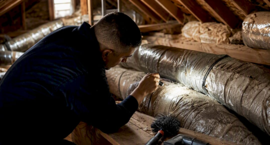 Technician inspecting air ducts in home basement