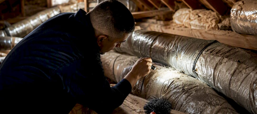 Technician inspecting air ducts in home basement