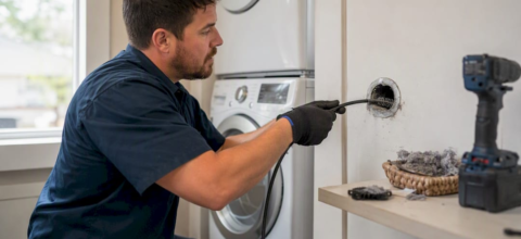 Hands cleaning condo dryer vent with rotary brush