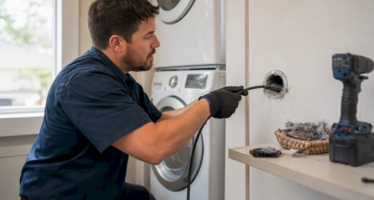 Hands cleaning condo dryer vent with rotary brush