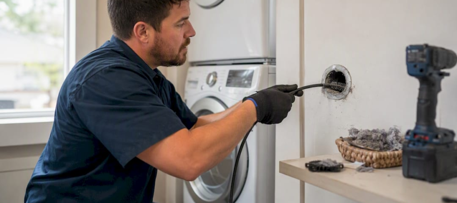 Hands cleaning condo dryer vent with rotary brush