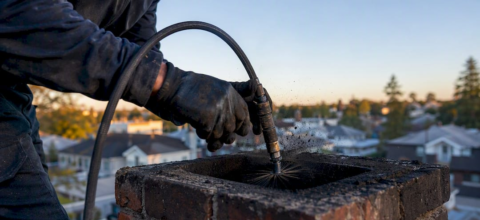 Hands cleaning chimney flue with rotary brush