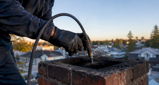 Hands cleaning chimney flue with rotary brush