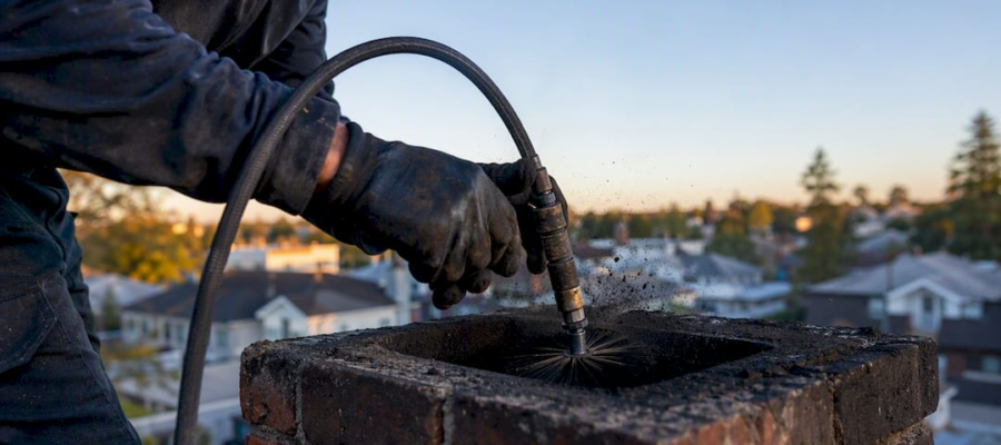 Hands cleaning chimney flue with rotary brush