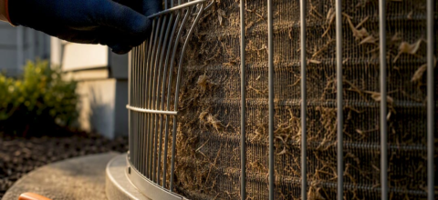 Dirty condenser coil fins under inspection