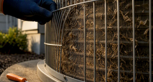 Dirty condenser coil fins under inspection