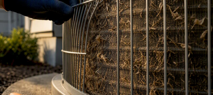 Dirty condenser coil fins under inspection