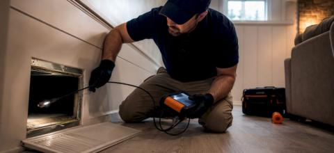 Technician guiding camera probe into air duct