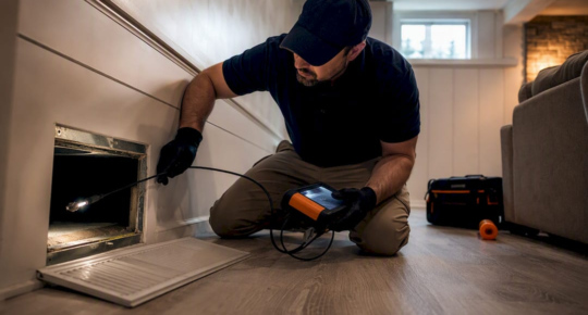 Technician guiding camera probe into air duct