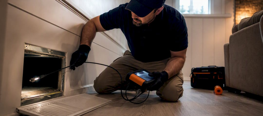 Technician guiding camera probe into air duct