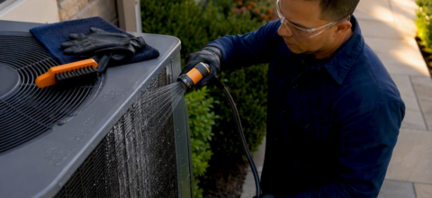 Technician rinsing an outdoor condenser coil