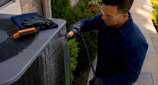 Technician rinsing an outdoor condenser coil