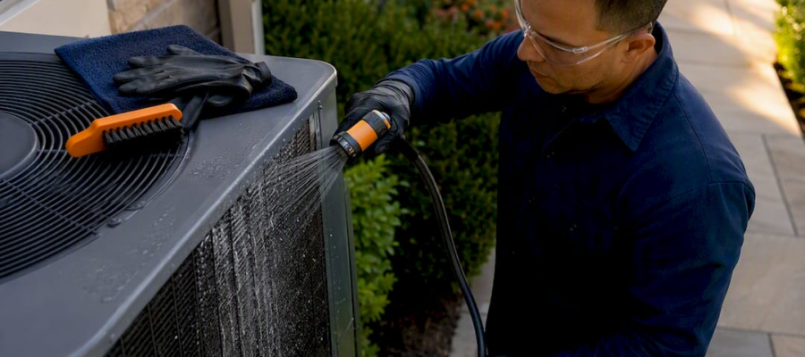 Technician rinsing an outdoor condenser coil