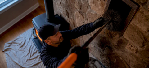 Professional cleaning a wood stove chimney flue