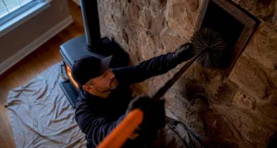Professional cleaning a wood stove chimney flue