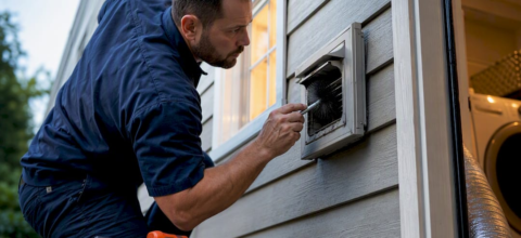Technician cleaning a home dryer vent