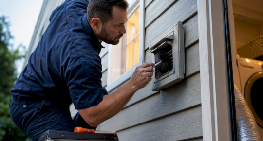 Technician cleaning a home dryer vent