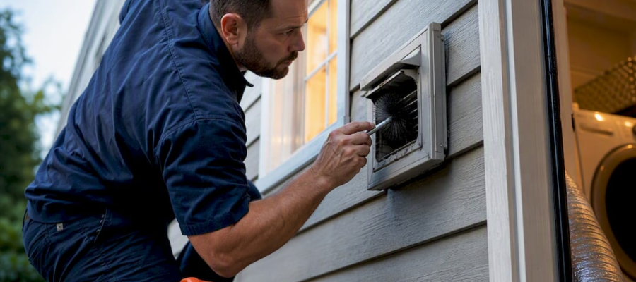 Technician cleaning a home dryer vent