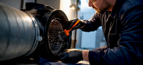 Technician cleaning an inline dryer booster fan