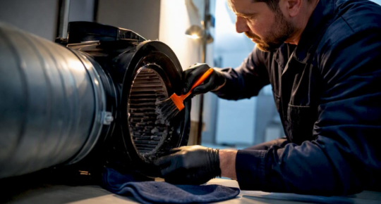 Technician cleaning an inline dryer booster fan