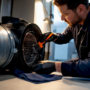 Technician cleaning an inline dryer booster fan
