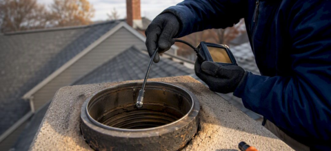 Technician inspecting chimney liner from rooftop
