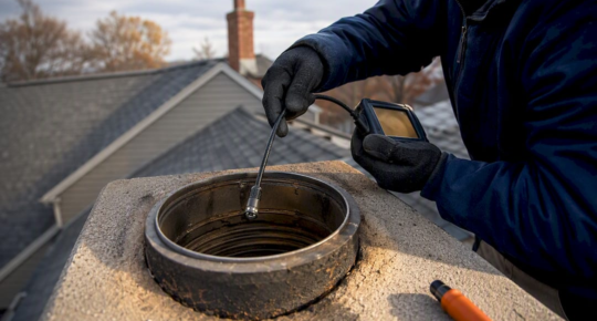 Technician inspecting chimney liner from rooftop
