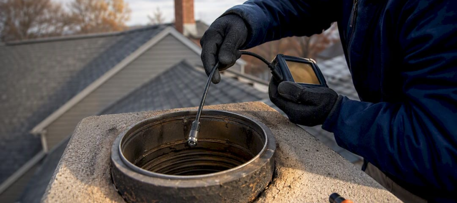 Technician inspecting chimney liner from rooftop
