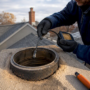 Technician inspecting chimney liner from rooftop