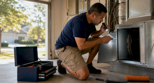 Man inspecting home air ducts with tools