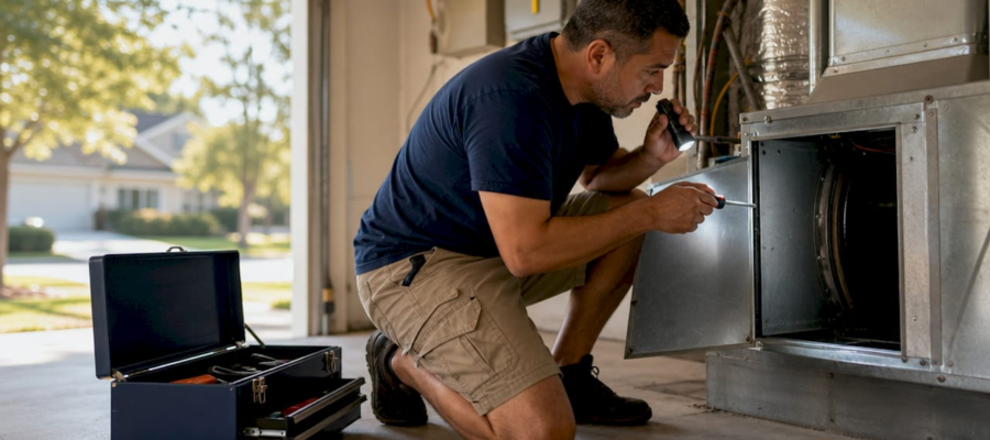 Man inspecting home air ducts with tools