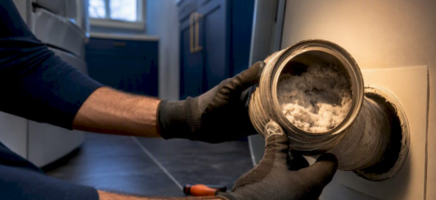 Technician inspecting lint inside dryer vent