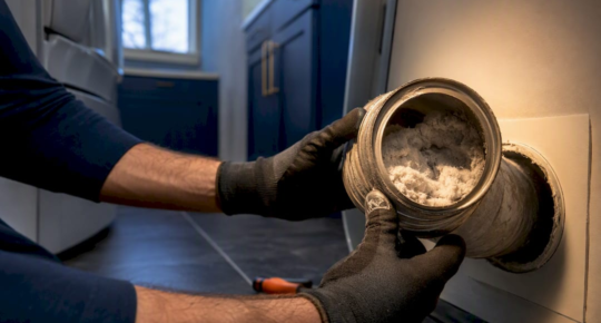 Technician inspecting lint inside dryer vent