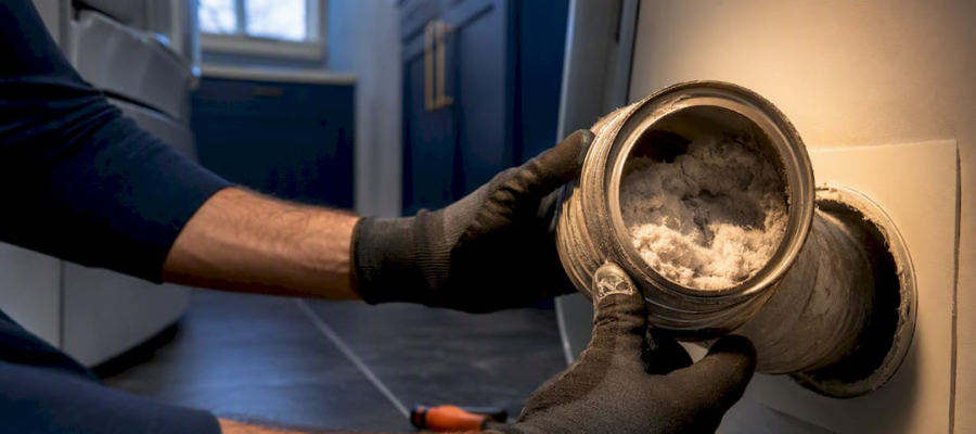 Technician inspecting lint inside dryer vent